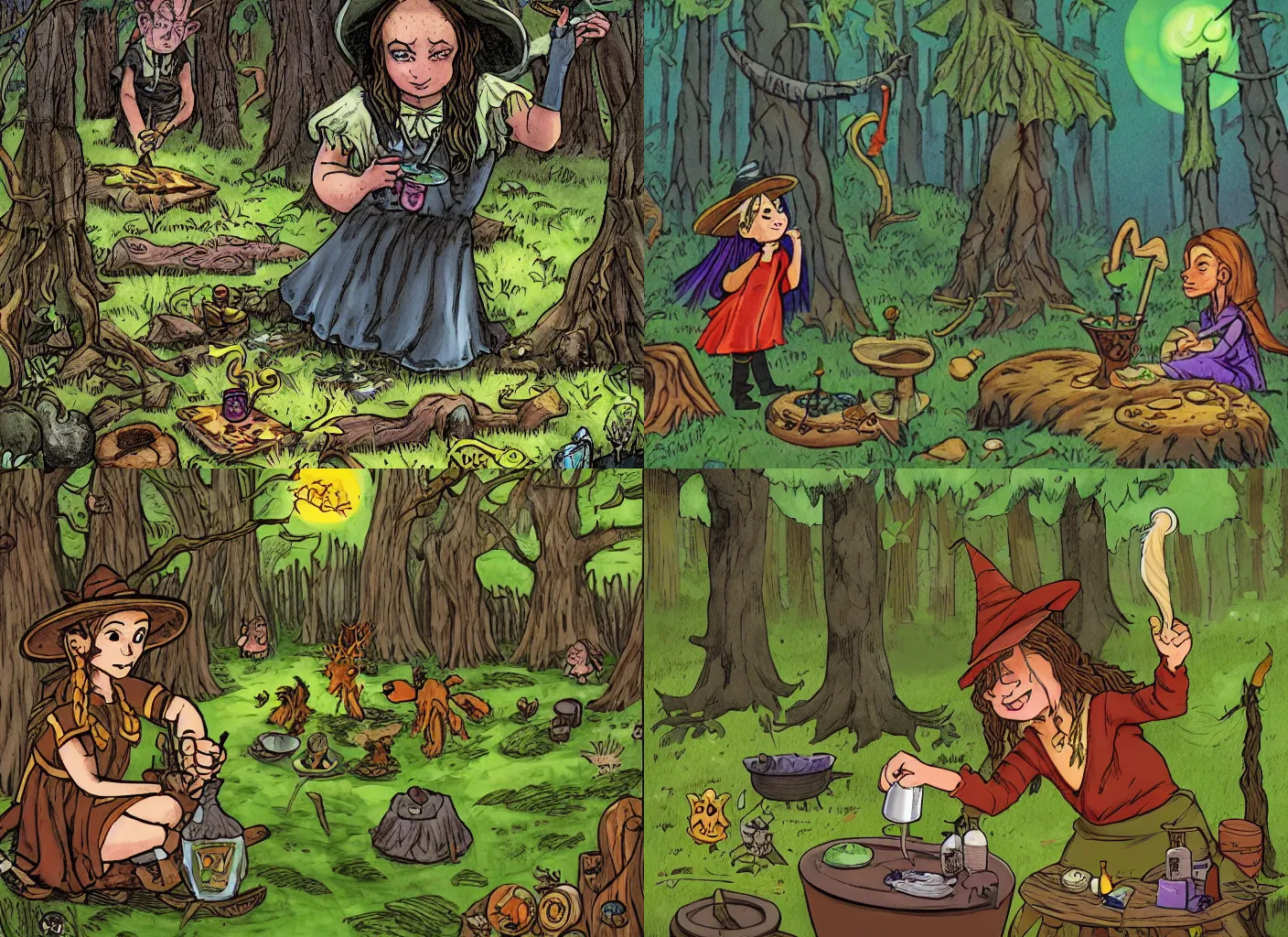 Prompt: a young witch making potions in the middle of the forest surrounded by feys, goblins and trolls, by phil foglio
