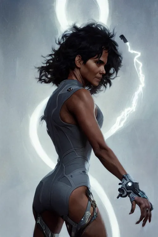 Image similar to halle berry storm as aeon flux profile picture by Greg Rutkowski, white hair, dynamic pose, intricate, futuristic, fantasy, lightning, elegant, by Stanley Artgerm Lau, greg rutkowski, thomas kindkade, alphonse mucha, loish, norman Rockwell,