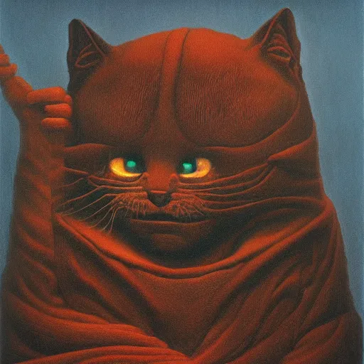 Prompt: grinning evil cat, HD, award winning, in style of beksinski, film grain, medium format, 8k resolution, oil on canvas