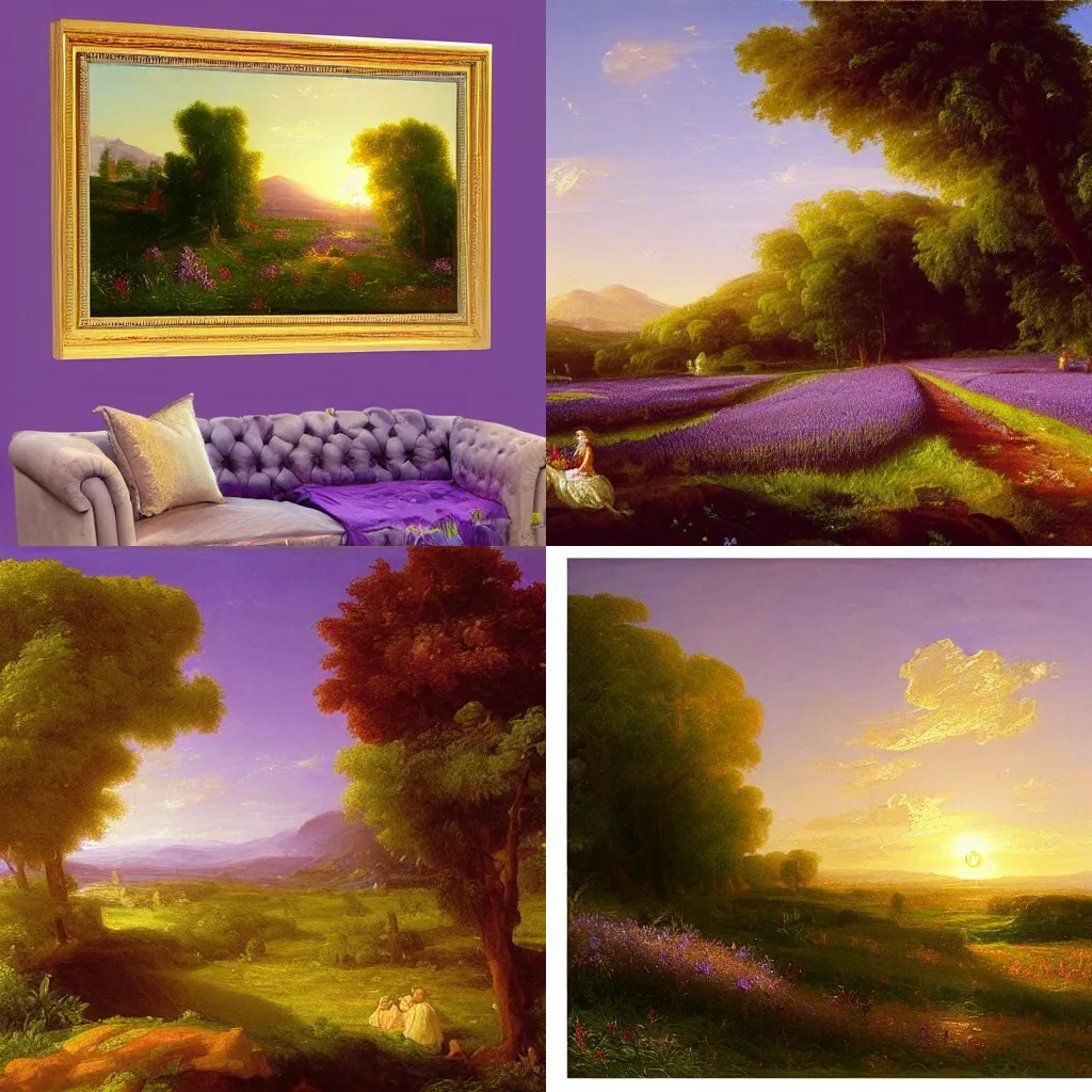 Prompt: a field of purple lavender flowers growing on fertile brown soil, during golden hour, wide angle, oil painting by thomas cole, realistic, romantic period