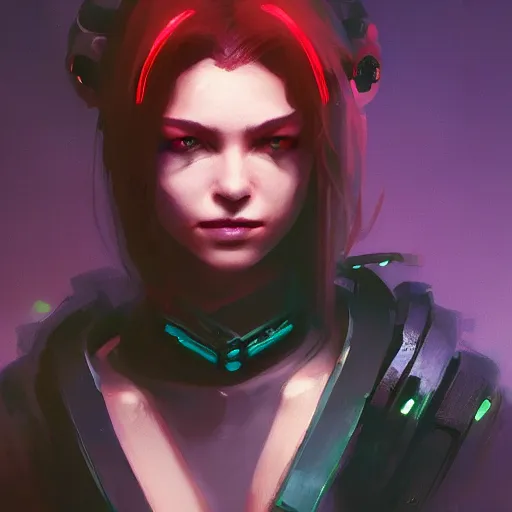 Prompt: a beautiful portrait of a cyberpunk rogue by greg rutkowski and kim hyun joo, neon ambience, trending on artstation