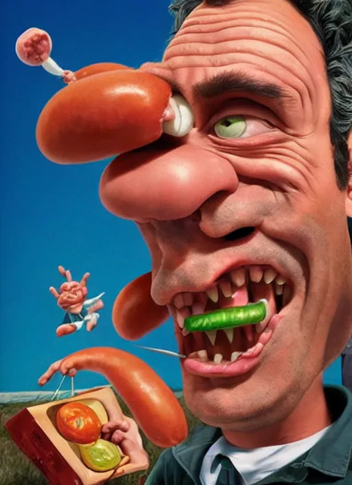 Prompt: hyperrealistic mark ruffalo caricature screaming on a dartboard surrounded by big fat frankfurter sausages with a trippy surrealist mark ruffalo screaming portrait on spitting image by Zdzisław Beksiński and aardman animation, mark ruffalo caricature dartboard with hot dogs, mascot, target reticles, dart board