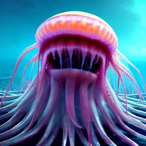 Prompt: a beautiful extreme wide photograph of an evil terrifying jellyfish monster with huge eyes and sharp teeth in a wide open mouth, highly detailed, smooth, very very clean, 8 k, cinematic movie photograph, cinematic lighting, octane render, zbrush central contest winner, 3 d maya render