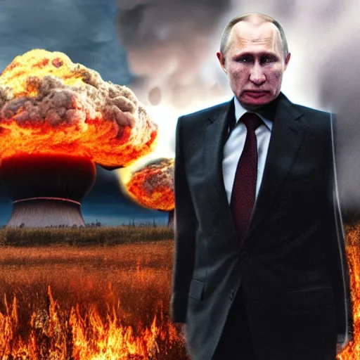 Prompt: a huge nuclear mushroom cloud explodes behind a grief stricken vladimir putin, photorealistic, apocalyptic - h 6 4 0