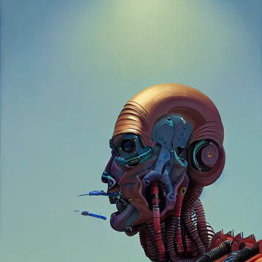 Image similar to portrait half face robot,highly detailed, very coherent, painted by Francis Bacon and Edward Hopper, Wayne Barlowe, painted by James Gilleard, surrealism, airbrush, art by JamesJean