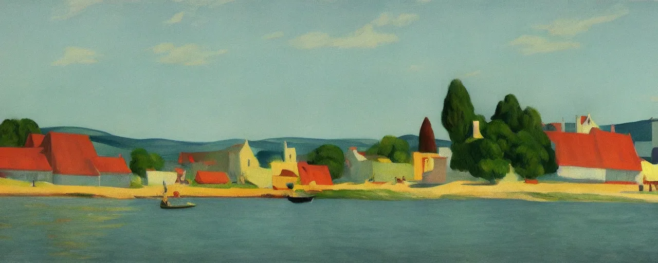 Prompt: an edward hopper style painting of ( ( ( ( ( ( ( ( balatonfured, a resort town in veszprem county, in hungary ) ) ) ) ) ) ) ), late - spring, may of 1 9 4 8