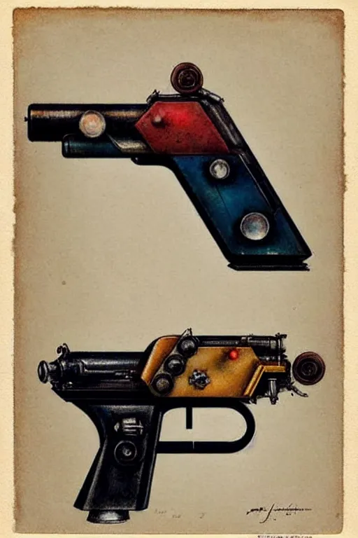 Image similar to ( ( ( ( ( 1 9 5 0 s retro science fiction raygun pistol. muted colors. ) ) ) ) ) by jean - baptiste monge!!!!!!!!!!!!!!!!!!!!!!!!!!!!!!