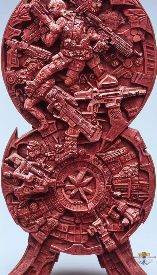 Image similar to the war multiverse, highly detailed carving on southern ice porcelain, partially red crystallized, guns, red nebulas, art gallery