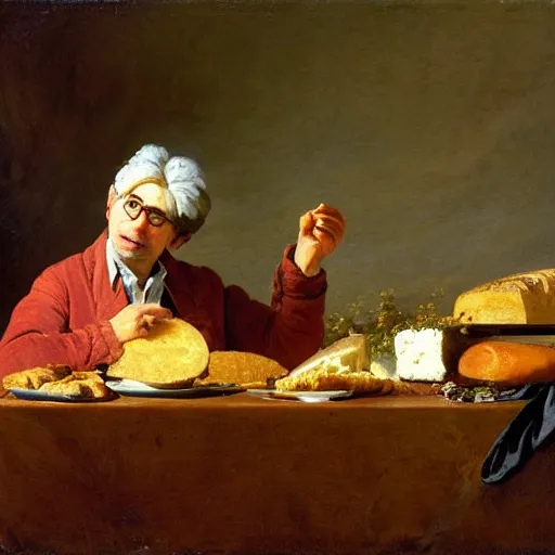 Image similar to steve albini eating a loaf of fresh bread and some good cheese or roast beef, portrait, oil on canvas, by jean - honore fragonard