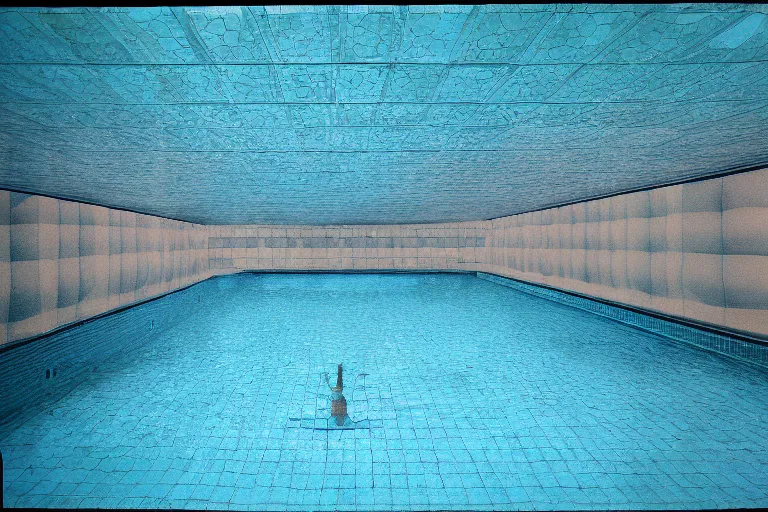 Image similar to underwater footage of a non - euclidean, geometric tiled swimming pool tunnels into infinity, cubic and right angles, cube portals, 1 9 7 0 s, ektachrome photograph, volumetric lighting, f 8 aperture, cinematic eastman 5 3 8 4 film stanley kubrick