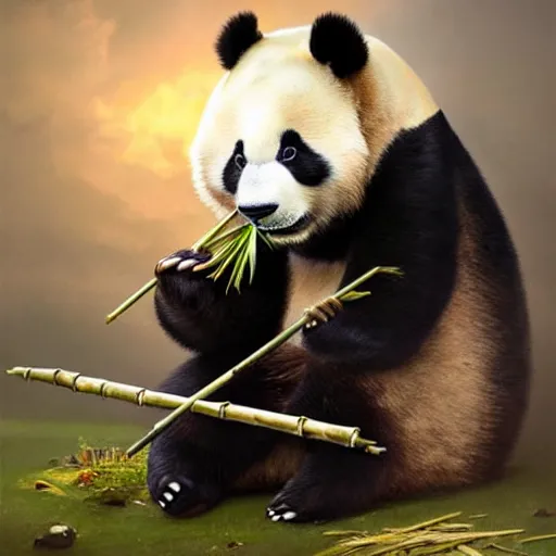Prompt: epic portrait an fluffy panda eating bamboo, intricate, highly detailed, digital painting, artstation, concept art, smooth, sharp focus, illustration, Unreal Engine 5, 8K, art by artgerm and greg rutkowski and alphonse mucha