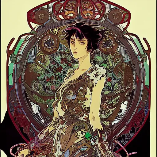 Image similar to alphonse mucha yoji shinkawa moebius jean girard shintaro kago junji ito esoteric hypnogogic ethereal ethereality dreamy combat mech dieselpunk incredible intricate machinery illusionary art and trash polka