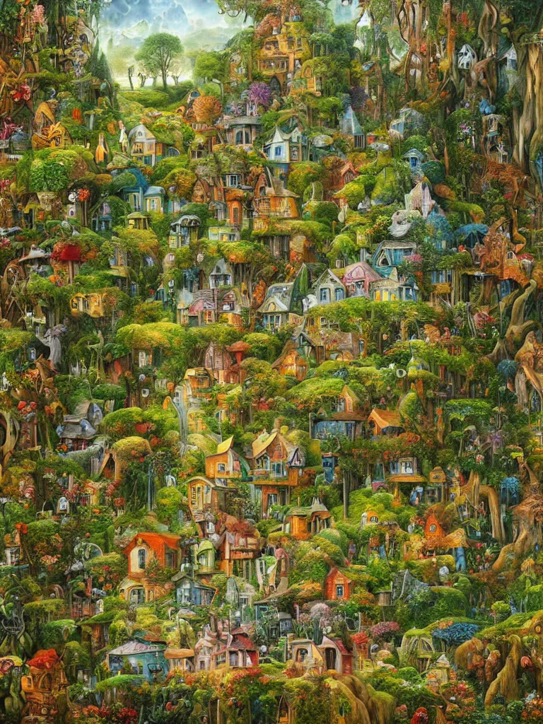 Prompt: A hyperrealistic mixed media matte painting of a cottagecore vista in a lush grove, colorful, surreal. By Jacek Yerka and Karol Bak.