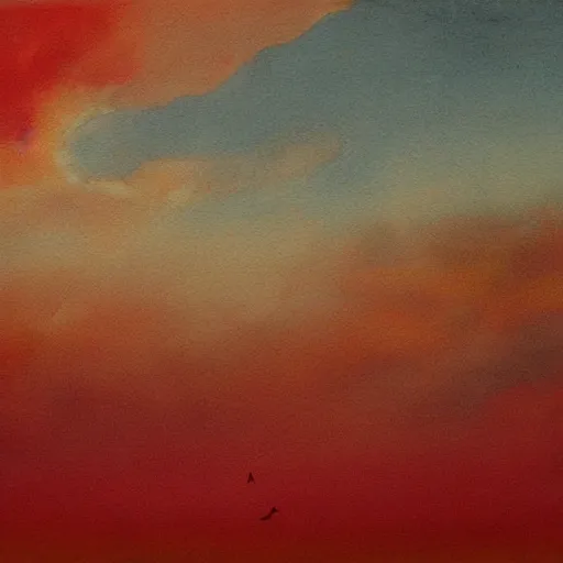 Prompt: Evil sky people coming down, red sky, eerie, ominous, in the style of eerie painting