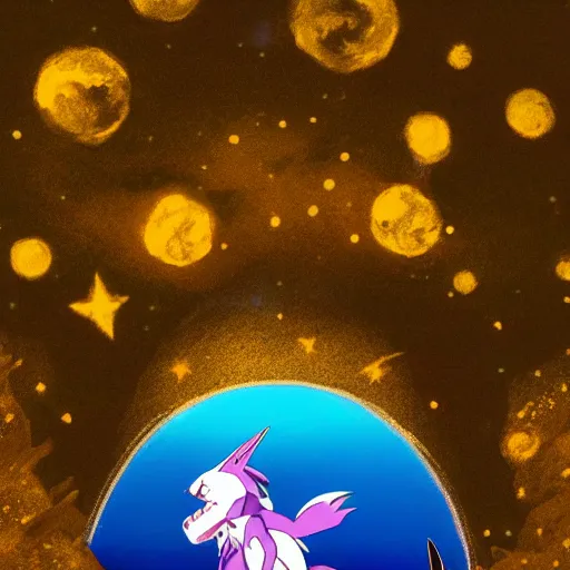 Image similar to Renamon from Digimon in front of the moon by a shimmering lake, sakura petals around her, moonlight, elegant, nighttime, low angle, stars,