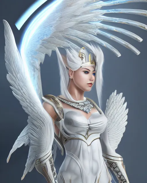 Image similar to perfect ornate white haired attractive egyptian goddess with huge white dove wings, warframe armor, beautiful, symmetric, dreamy, half asian, pretty face, blue eyes, detailed, scifi platform, laboratory, experiment, 4 k, ultra realistic, epic lighting, android body, illuminated, cinematic, masterpiece, art by akihito tsukushi, voidstar