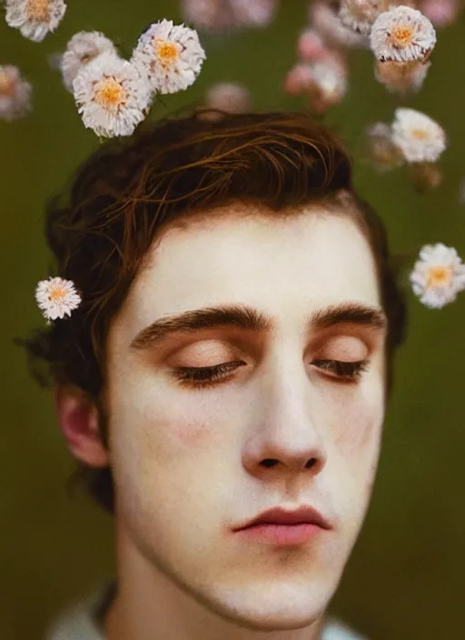 Prompt: Kodak Portra 400, 8K,ARTSTATION, Caroline Gariba, soft light, volumetric lighting, highly detailed, britt marling style 3/4 , extreme Close-up portrait photography of a Dorian Electra hiding in flowers how pre-Raphaelites with his eyes closed,inspired by Ophelia paint, his face is under water Pamukkale, raining, crying face above water in soapy bath tub, hair are intricate with highly detailed realistic , Realistic, Refined, Highly Detailed, interstellar outdoor soft pastel lighting colors scheme, outdoor fine photography, Hyper realistic, photo realistic