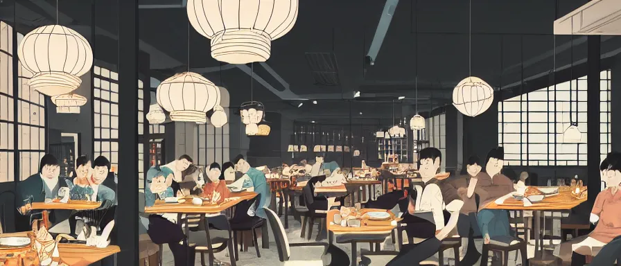 Prompt: a beautiful interior view illustration of a small roasted string hotpot restaurant in yan'an city, restaurant wall paper is tower amd mountain, rectangle white porcelain table, people are eating, black chair, animation illustrative style, from china, simple style structure decoration design, victo ngai, james jean, 4 k hd