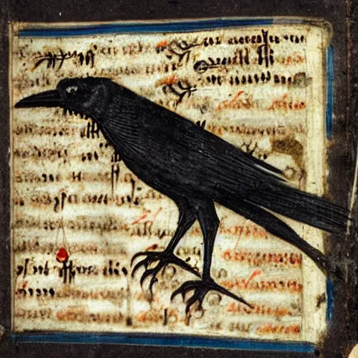 Image similar to bad drawed mix between a crow and a mage king in a medieval manuscript, medieval manuscript, golden miniatures