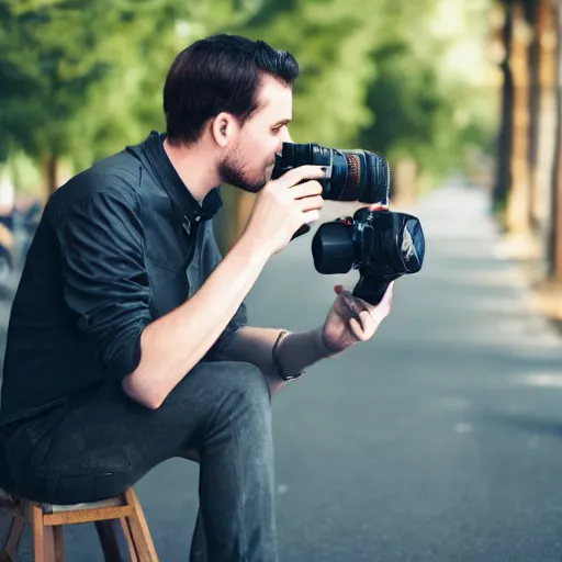 Prompt: a man filming something with videocamera