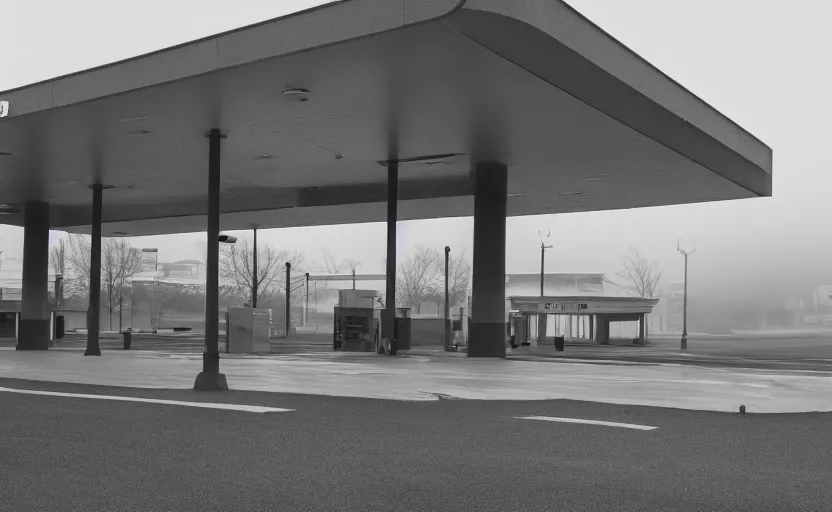 Image similar to exterior of the port byron travel plaza bus station in upstate buffalo new york, moody scene directed by charlie kaufman ( 2 0 0 1 ), anamorphic lenses, kodak color film stock, foggy volumetric light morning, cinematic trending on artstation