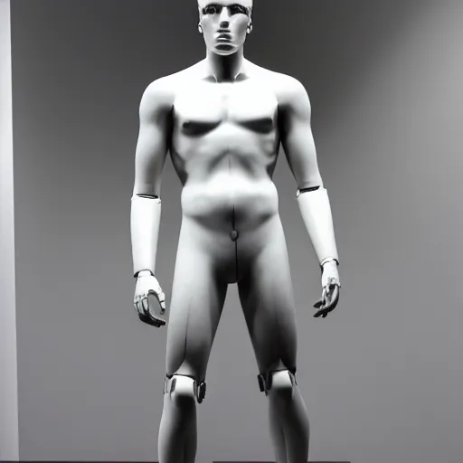 Prompt: a realistic detailed photo of a guy who is an attractive humanoid who is half robot and half humanoid, who is a male android, boxer and youtuber jake paul, shiny skin, posing like a statue, blank stare, at the museum, on display