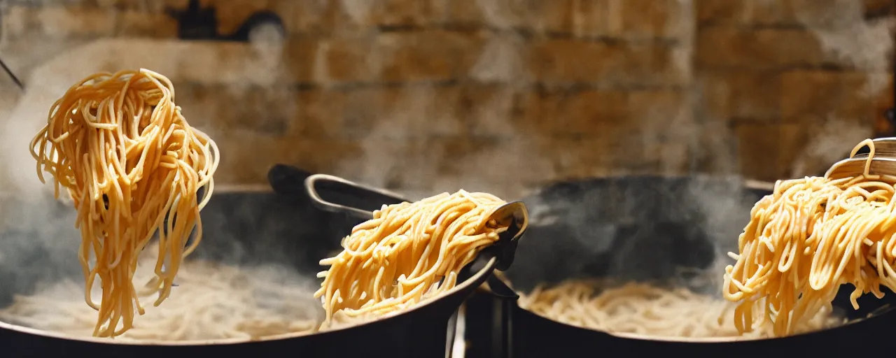 Prompt: medium shot of spaghetti being cooked in a large pot, home kitchen, sharply focused, canon 5 0 mm, wes anderson film, kodachrome