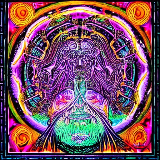 Image similar to Terence McKenna reincarnated as a magic mushroom. in style of Alex Grey, highly detailed, blacklight poster