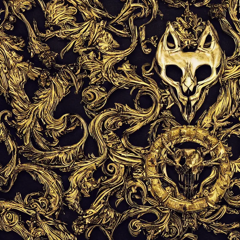 Image similar to photo of wolf skull on bones, dramatic lighting, circural, golden ornaments, symmetric, intricate skeletal decorations, symmetry, highly detailed, concept art, black, glimpse of red, white, gold layers, centered, style of nekroxiii, hyperrealistic, black background, smoke