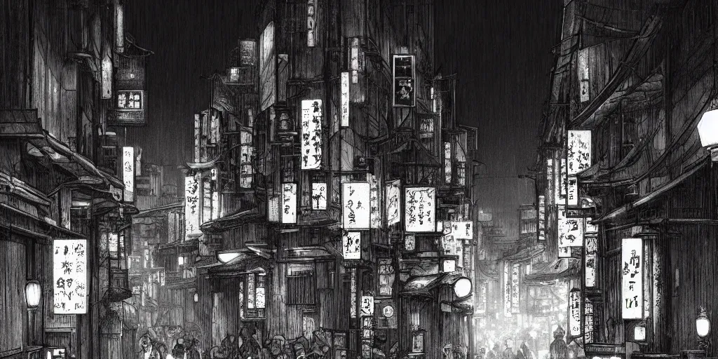 Prompt: feudal japan tokyo street at night, street level, cinematic lighting!!, 4k, trending on artstation, intricate illustration, fast sketch!!!!, rough, ultra detailed, art by albert bierstadt