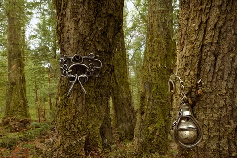 Image similar to photograph of a fantasy style shackle in an ancient forest