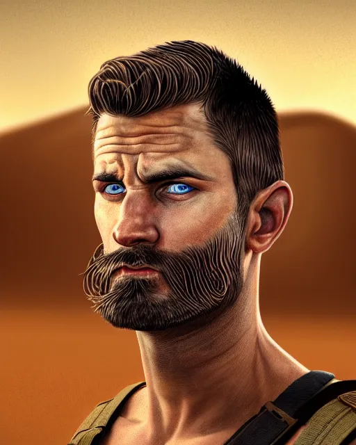 Image similar to portrait of muscular, tired and alcoholic 3 0 - year - old handsome man with short darkblonde hair, serious sad look in his eyes, dirty beard, blue eyes, wearing dirty soldier uniform, on the desert, hyper realistic face, beautiful eyes, character art, art by mark brooks, hyperdetailed, cryengine, trending on artstation, digital art
