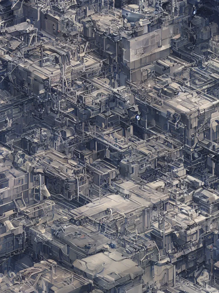 Image similar to a factory filled with lots of machines and machinery on an international space station, a detailed matte painting by beeple, trending on cgsociety, deconstructivism, greeble, matte painting, hard surface modeling, atelier olschinsky