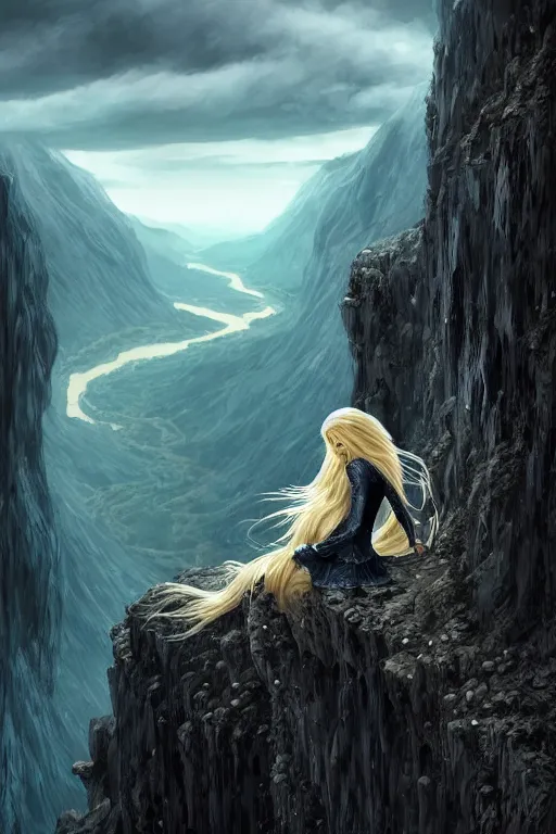 Image similar to A beautiful Norse Goddess with long blonde hair on a ledge of deep abyss fantasy, tibet, vertiginous view and valley, intricate, elegant, highly detailed, D&D, digital painting, artstation, concept art, matte painting, sharp focus, illustration, extremely moody lighting, glowing light and shadow, atmospheric, shadowy, cinematic, in the style of Greg Rutkowski and artemisia gentileschi and Alphonse Mucha