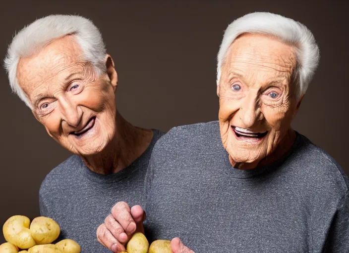 Image similar to studio portrait photo still of bob barker!!!!!!!! at age 7 3 years old 7 3 years of age!!!!!!! wearing a tank top holding a bag of potatos, 8 k, 8 5 mm f 1. 8, studio lighting, rim light, right side key light