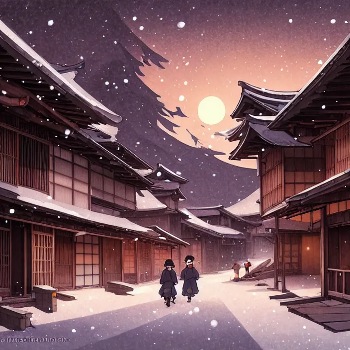 Image similar to empty rural japanese town at night, winter, in the style of studio ghibli, j. c. leyendecker, greg rutkowski, artem