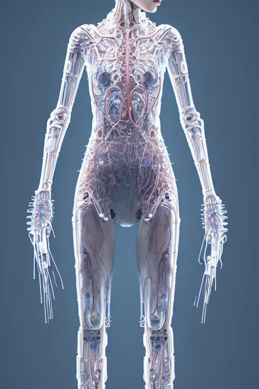 Image similar to young asian woman, iris van herpen, perfect symmetrical body, full body shot, inflateble shapes, wires, tubes, veins, jellyfish, white biomechanical details, wearing epic bionic cyborg implants, masterpiece, intricate, biopunk, vogue, highly detailed, artstation, concept art, cyberpunk, octane render