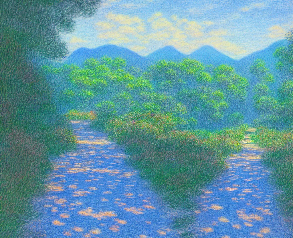 Prompt: a landscape pastel in the style of noriyoshi ohrai and monet of a blue reflective path to some misty mountains in the background. along the path stands pillars that reflect in the water. key art. 4 k fantasy