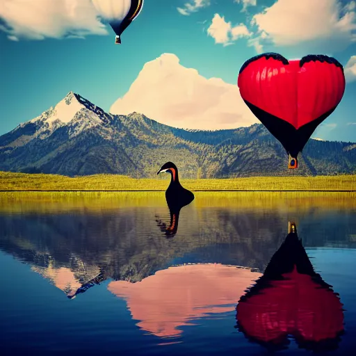 Image similar to photo of two black swans swimming in a beautiful reflective mountain lake, touching heads, forming a heart with their necks, a colorful hot air balloon is flying above the swans, hot air balloon, intricate, portrait, 8k highly professionally detailed, HDR, CGsociety, octane render, 4k