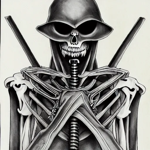 Image similar to A anime still of a grim reaper by Takeshi Obata, skeleton face symmetrical face,symmetrical body, worn clothes, military boots, pencil art on paper