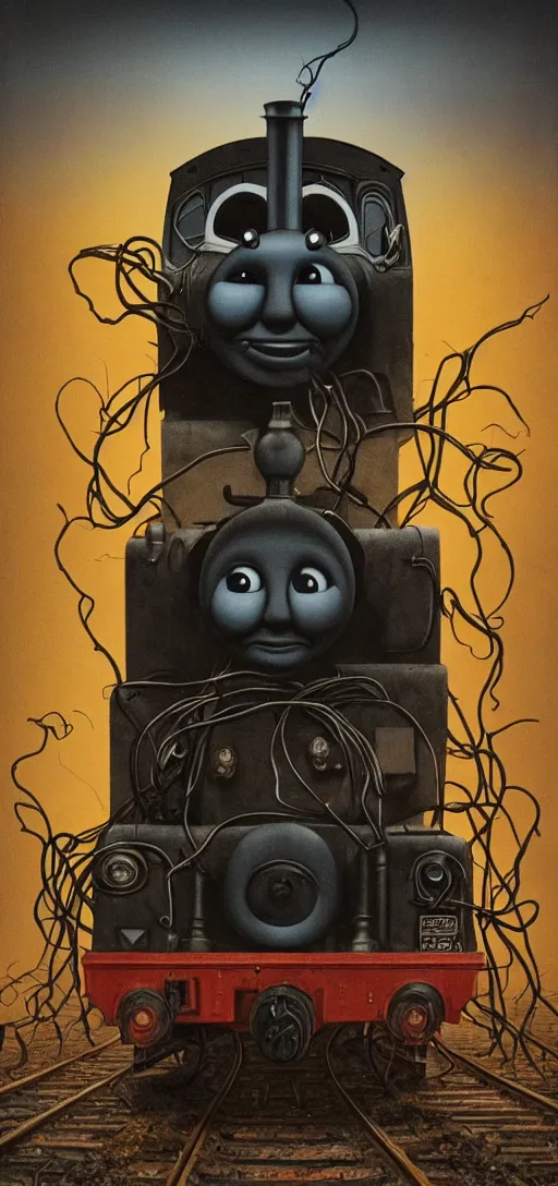 Image similar to thomas the tank engine in style of zdzisław beksinski, extremely dramatic lighting, 8 k, tendrils, black, darkness, black slime tendrils, infected, rust, body horror, thomas the train, thomas the tank engine face, horror,