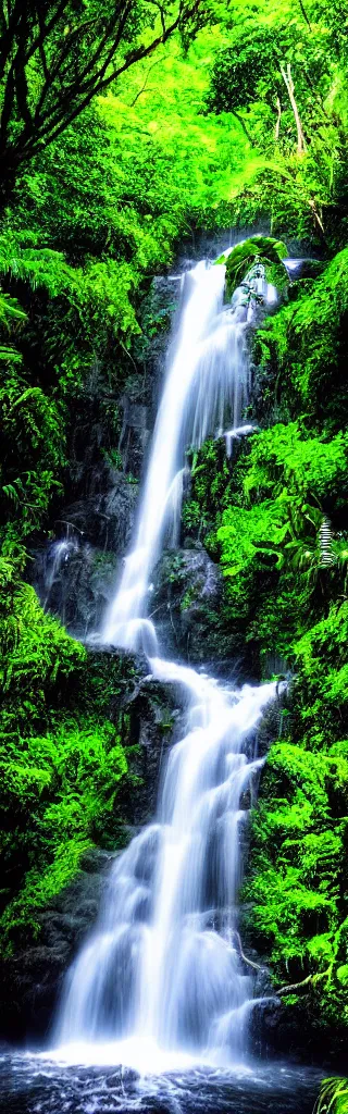 Prompt: A waterfall in a lush rainforest, colorful, cinematic