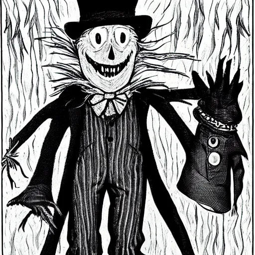 Image similar to a Pop Wonder scary horror themed goofy-hilarious-character Jack-Frost-Babadook-scarecrow-madhatter-williewonka-wearing a scarf, 3-piece-suit, dime-store-comic drawn with charcoal and pen and ink, half-tone-line-stacking