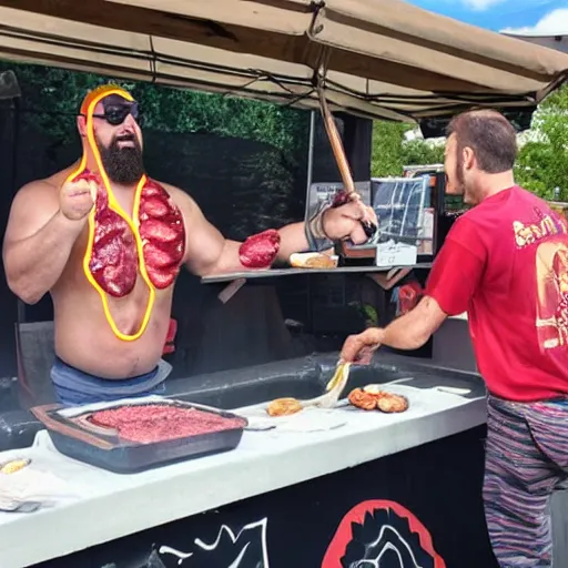 Prompt: Kratos running a hotdog stand in the summer