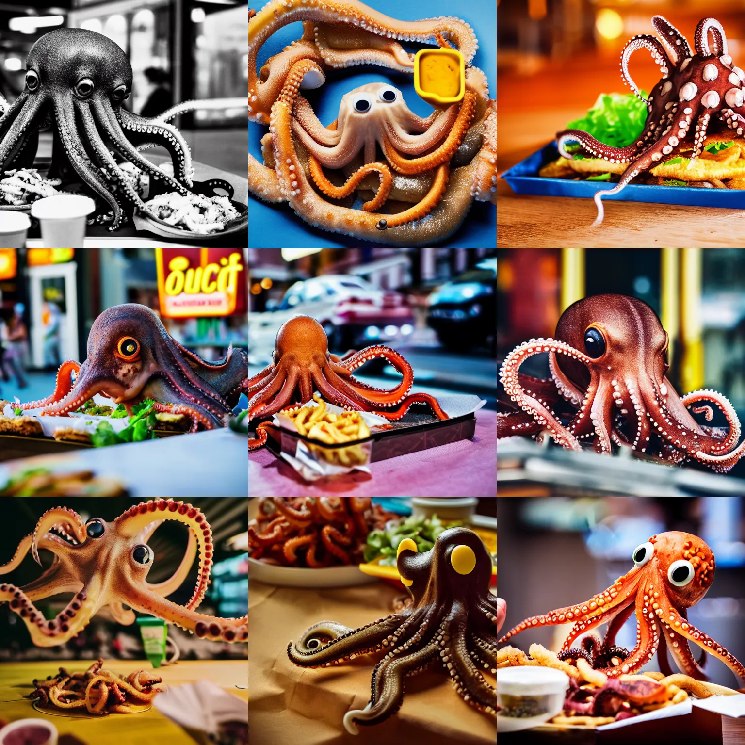 Prompt: octopus eating fastfood, 5 5 mm