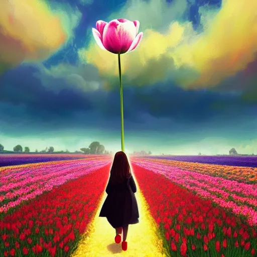 Image similar to large tulip as a face, girl walking in a flower field, surreal photography, sunrise dramatic light, impressionist painting, colorful clouds, digital painting, artstation, simon stalenhag, flower face