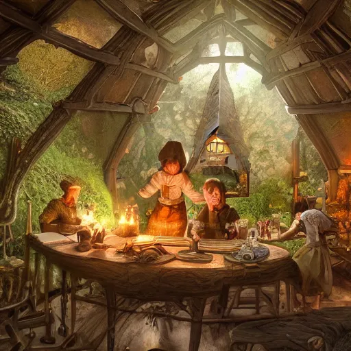 Image similar to a gathering inside a medieval hobbit house, ornate, beautiful, atmosphere, vibe, flowers, concept art illustration, color page, 4 k, tone mapping, doll, akihiko yoshida, james jean, andrei riabovitchev, marc simonetti, yoshitaka amano, digital illustration, greg rutowski, volumetric lighting, sunbeams, particles