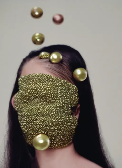 Image similar to a fashion portrait photograph of a woman wearing a mask made of small spheres designed by balenciaga, 3 5 mm, color film camera,