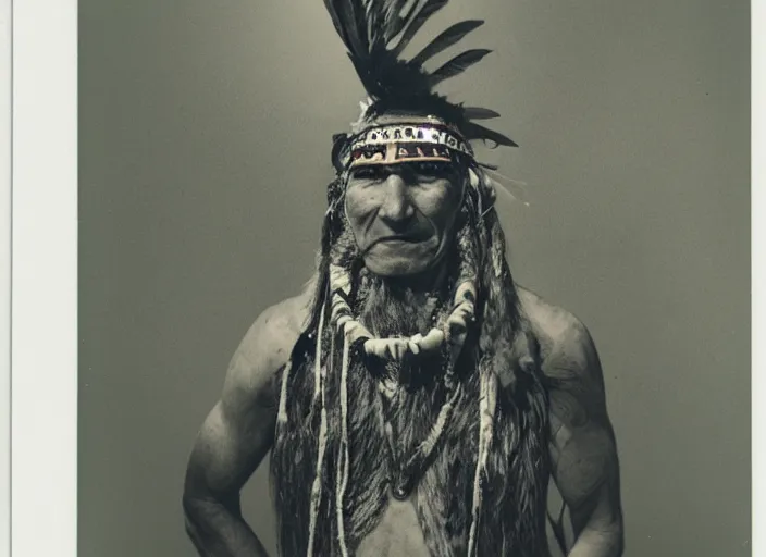 Image similar to polaroid photograph of a mesolithic shaman wearing a headdress