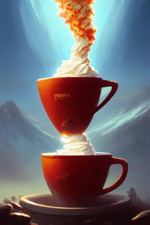 Image similar to coffee cup with volcano erupting inside the whipped cream on top of the cup, stephen bliss, unreal engine, fantasy art by greg rutkowski, rhads, ferdinand knab, makoto shinkai and lois van baarle, ilya kuvshinov, rossdraws, tom bagshaw, global illumination, radiant light, red blue theme, pine forest